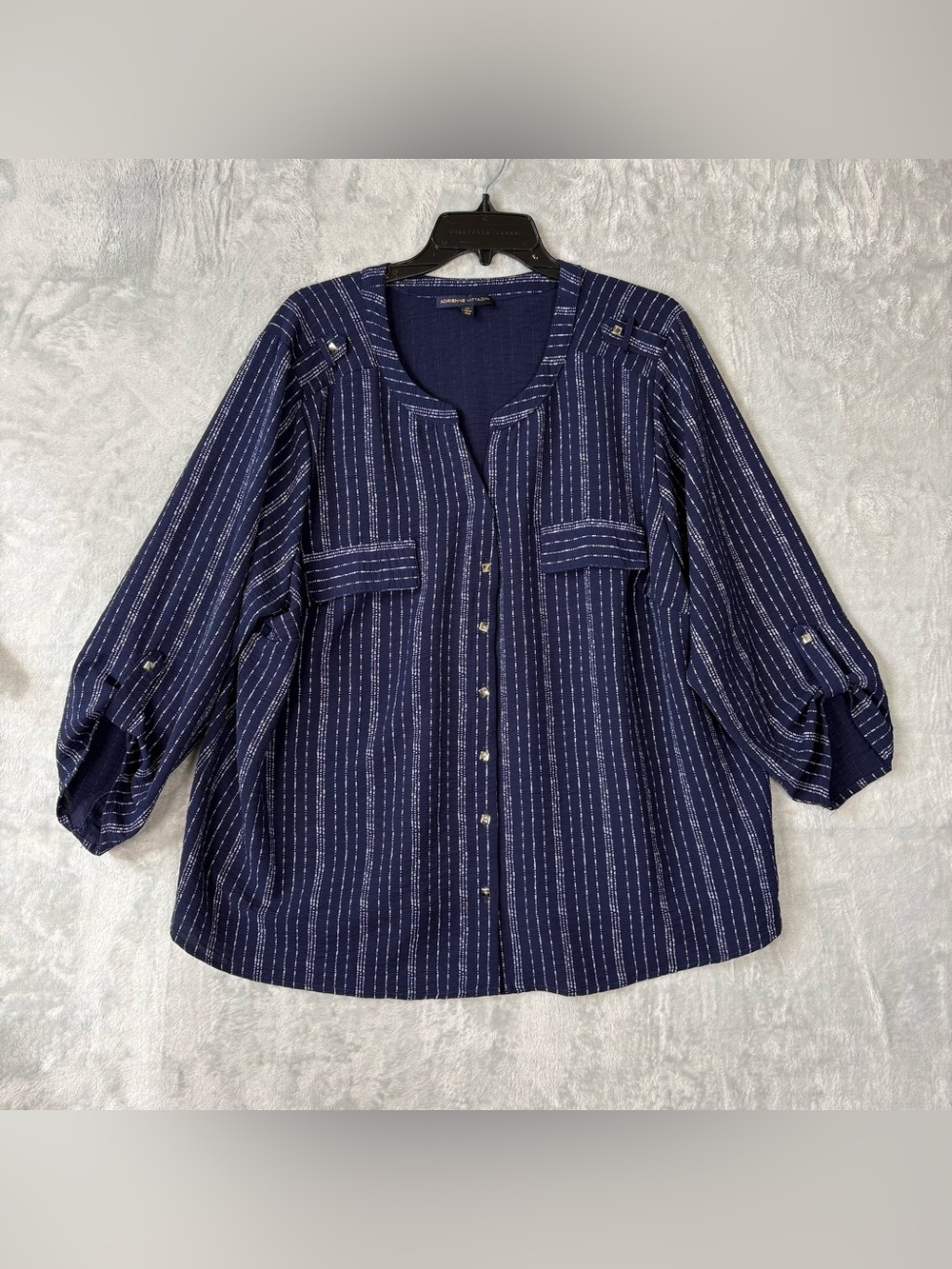 Adrienne Vittadni Blouse Women's Size 2X Blue Button Up Roll Tab 3/4 Sleeve